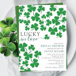 Small Shamrock Romance Lucky In Love Heart Bridal Shower Invitation Front View