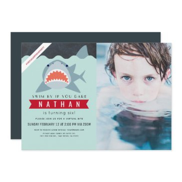shark boy navy blue virtual pool photo birthday invitation