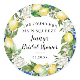 Small She Found Her Main Squeeze Lemon Bridal Shower Classic Round Sticker Front View