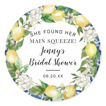 she found her main squeeze lemon bridal shower classic round sticker
