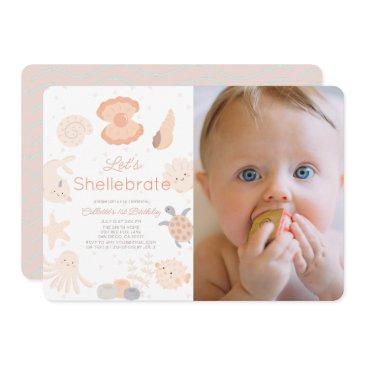 shellebrate seashell pink 1st birthday photo invitation