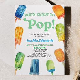 Small She's Ready To Pop Blue Popsicle Baby Shower Invitation Front View