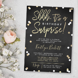 Small Shhh... Surprise Birthday Party Gold Foil Confetti Invitation Front View
