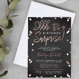 Small Shhh... Surprise Birthday Rose Gold Foil Confetti Invitation Front View