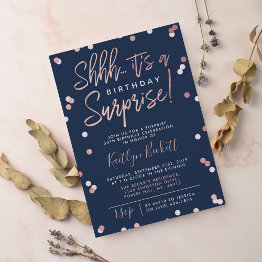 Small Shhh... Surprise Birthday Rose Gold Foil Confetti Invitation Front View