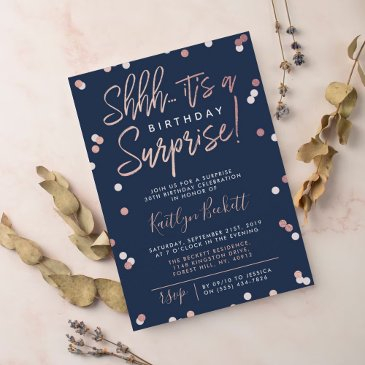 shhh... surprise birthday rose gold foil confetti invitation
