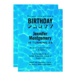 Small Shimmering Blue Pool Water Reflections Birthday Invitation Front View