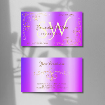 shimmery blue purple gold ornate corners initials business invitations