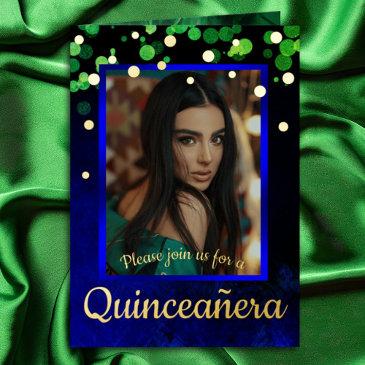 shimmery green & blue quinceanera w/ gold foil foil greeting invitations