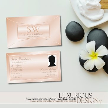 shimmery pastel rose coral with monogram and photo business invitations