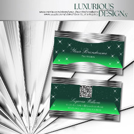 Small Shimmery Stars Green Silver Borders With Qr Code Business Invitations Front View