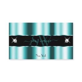Small Shimmery Teal Black Sparkling Diamonds Monogram Business Invitations Front View