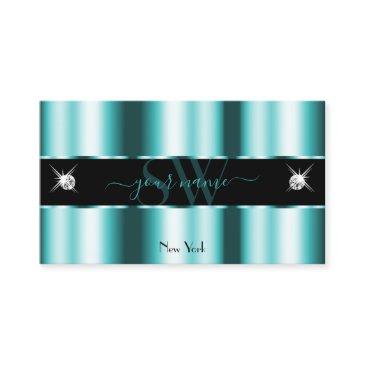 shimmery teal black sparkling diamonds monogram business invitations
