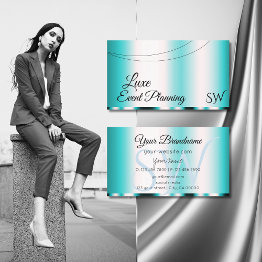 Small Shimmery Teal Glamorous With Initials Stylish Business Invitations Front View