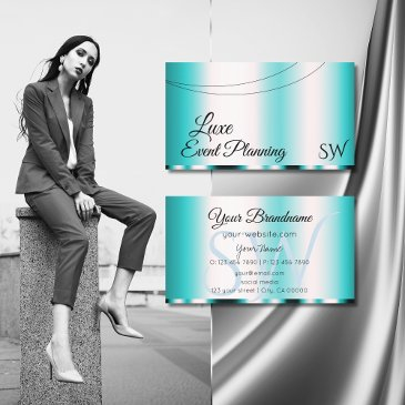 shimmery teal glamorous with initials stylish business invitations