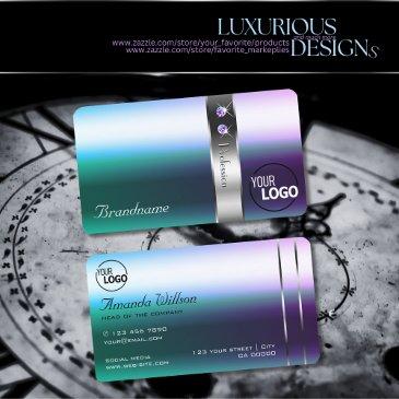 shimmery teal purple ombre silver decor and logo business invitations