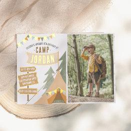 Small Shiny Camping Outdoor Boy Photo Birthday Party Foil Invitation Front View