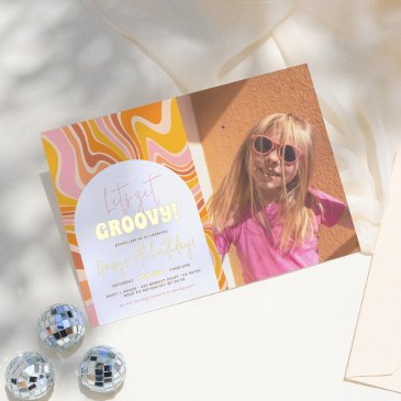 shiny get groovy pink orange photo birthday party foil invitation