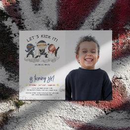 Small Shiny Let's Kick It Ninja Karate Photo Birthday Foil Invitation Front View