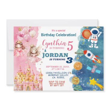 sibling princess and outer space joint birthday invitation