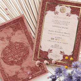 Small Sienna Ruby Red Lace Traditional Muslim Wedding Foil Invitation Front View