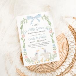 Small Silly Goose Blue Floral Baby Shower Invitation Front View