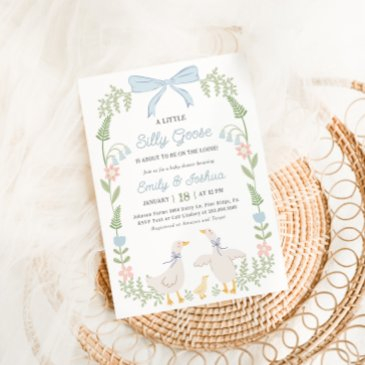 silly goose blue floral baby shower invitation