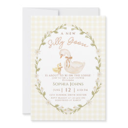 Small Silly Goose Gingham Duck Gender Neutra Baby Shower Invitation Front View