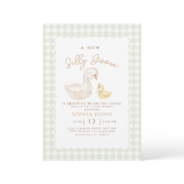 Small Silly Goose Gingham Duck Gender Neutra Baby Shower Invitation Front View