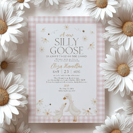 Small Silly Goose On The Loose Baby Shower Pink Gingham Invitation Front View