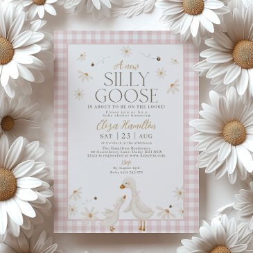 silly goose on the loose baby shower pink gingham invitation