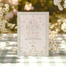 Small Silly Goose On The Loose Baby Shower Sage Gingham Invitation Front View