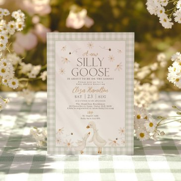silly goose on the loose baby shower sage gingham invitation