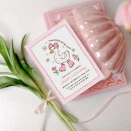 Small Silly Goose On The Loose Pink Bow Floral Invitation Front View