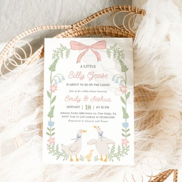 silly goose pink floral baby shower invitation