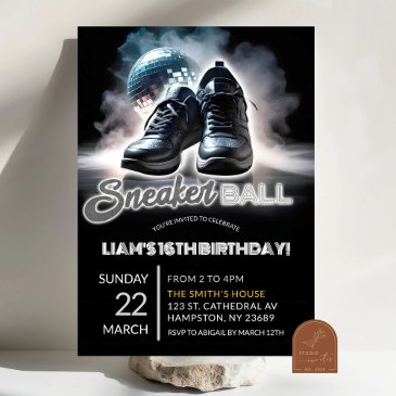 silver and white disco sneakerball birthday invitation