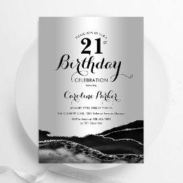 Small Silver Black Agate Marble 21st Birthday Invitation Front View