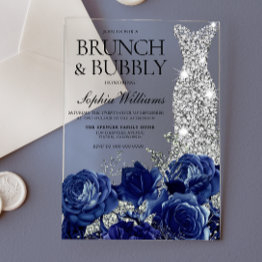 Small Silver Blue Dress Brunch & Bubbly Bridal Shower Acrylic Invitations Front View