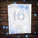 silver blue floral sweet 16 marble glitter invitation
