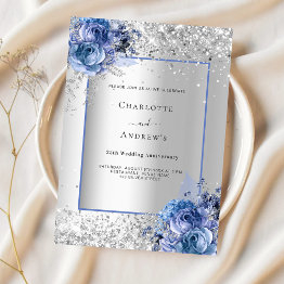 Small Silver Blue Florals 25th Wedding Anniversary Invitation Front View