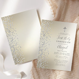 Small Silver Confetti Gold Ombre First Holy Communion Invitation Front View