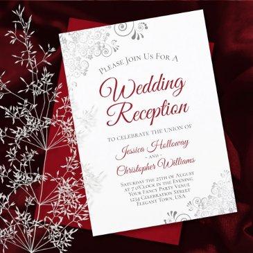 silver & crimson red on white wedding reception invitation