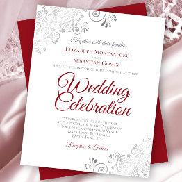 Small Silver Curls Red On White Budget Wedding Invite Front View
