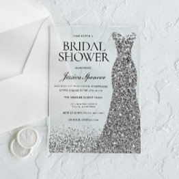 Small Silver Dress Elegance Bridal Shower Acrylic Invitations Front View