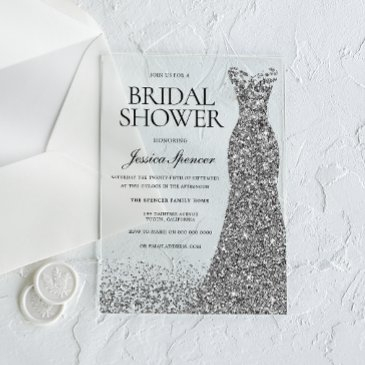 silver dress elegance bridal shower acrylic invitations