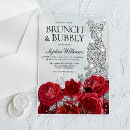 Small Silver Dress Red Rose Brunch Bubbly Bridal Shower Acrylic Invitations Front View