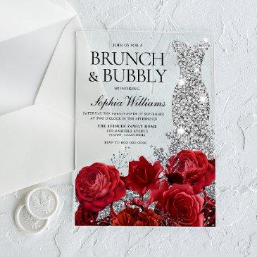 silver dress red rose brunch bubbly bridal shower acrylic invitations
