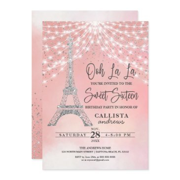 silver eiffel tower glitter lights sweet 16 invitation