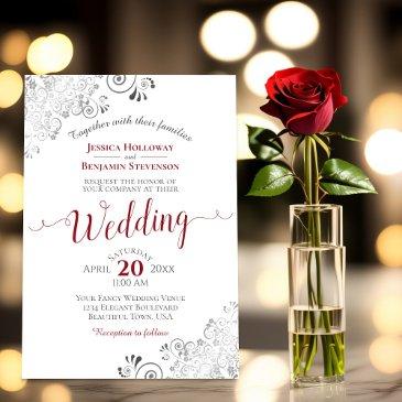 silver frills elegant red & gray on white wedding invitation