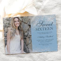 Small Silver Glitter Chic Icy Blue Photo Sweet 16 Invitation Front View